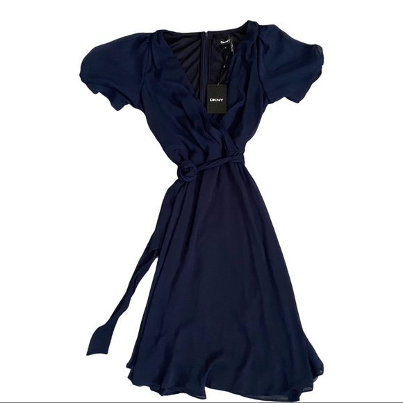 DKNY Striped Faux-Wrap Blouse Ivory New Navy Blue Size L main image 1